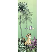 Illustration einer Wand mit einer Zeichnung von Palmen, einem Löwen und einem Vogel