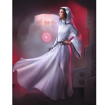 Illustration einer Frau in einem langen, weißen Gewand mit Kapuze in einer Innenraumdarstellung