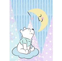 Illustration d''un ours sur un nuage regardant un croissant de lune avec un visage et une étoile.