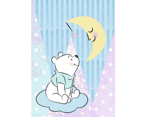 Illustration d''un ours sur un nuage regardant un croissant de lune avec un visage et une étoile.