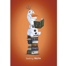 Illustration d''Olaf le bonhomme de neige assis sur une pile de livres en train de lire un livre