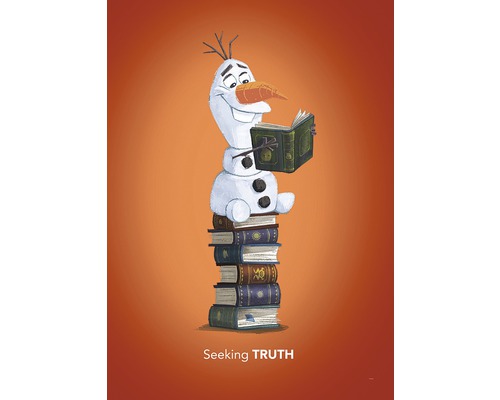 Illustration d''Olaf le bonhomme de neige assis sur une pile de livres en train de lire un livre