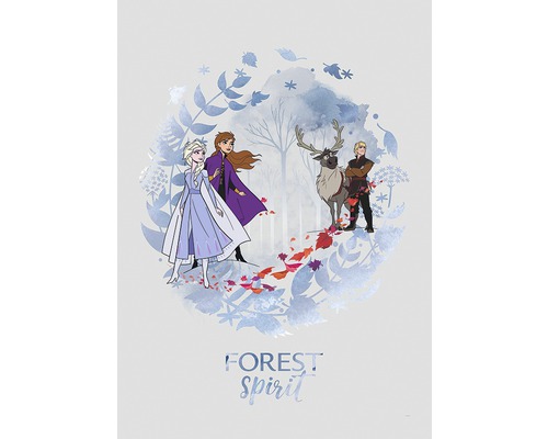 Illustration d''Anna, Elsa, Kristoff et du renne Sven du film La Reine des neiges 2, avec l''inscription Esprit de la forêt