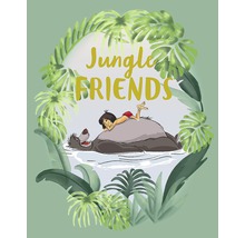 Illustration de Mowgli allongé sur Baloo dans une jungle tropicale avec l''inscription Jungle Friends.