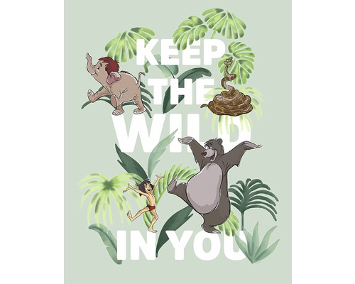 Illustration avec Mowgli, Baloo, Hathi, Kaa et l''inscription Keep The Wild In You