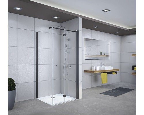 Modernes Badezimmer mit Duschkabine, Waschtisch und Spiegel