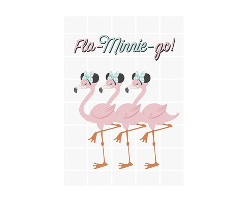 Illustration de trois flamants roses avec des nœuds et l''inscription Fla-Minnie-Go!
