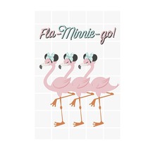 Illustration avec trois flamants roses portant des nœuds et l''inscription Fla-Minnie-go!