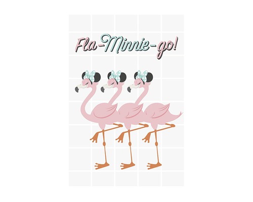 Illustration avec trois flamants roses portant des nœuds et l''inscription Fla-Minnie-go!