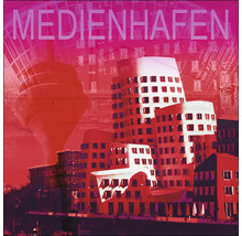 Illustration du Medienhafen de Düsseldorf avec la Rheinturm et les bâtiments Gehry