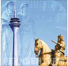 Illustration de la vue urbaine de Düsseldorf avec la tour de télévision, la statue équestre et le Kunstpalast