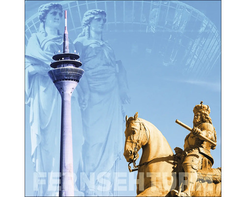 Illustration de la vue urbaine de Düsseldorf avec la tour de télévision, la statue équestre et le Kunstpalast
