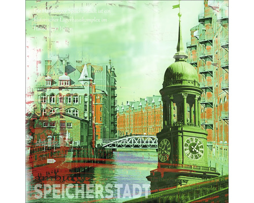 Speicherstadt Hamburg Grafik mit Lagerhäusern, Brücke und Turmuhr