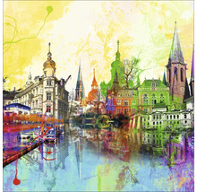 Illustration einer Stadtlandschaft mit Gebäuden und Wasser