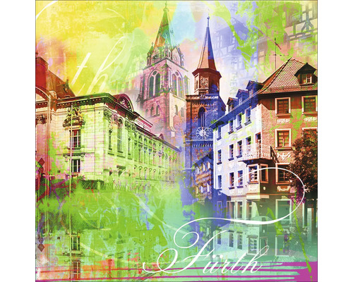 Fantasievolle Stadtansicht von Fürth mit Gebäuden und Kirchtürmen
