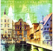 Illustration der Altstadt Lüneburg mit typischen Backsteinhäusern und einer Brücke über einen Fluss.