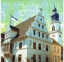 Illustration des Rathauses von Celle mit Turm und Flagge