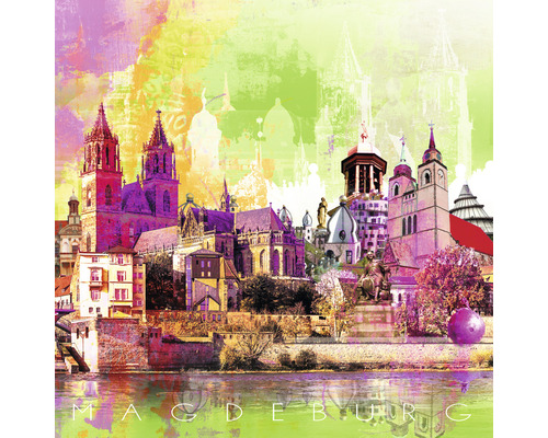 Illustration der Stadt Magdeburg mit verschiedenen Gebäuden und Bauwerken
