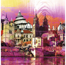 Illustration einer Stadtansicht mit verschiedenen Gebäuden und einer Brücke über einen Fluss