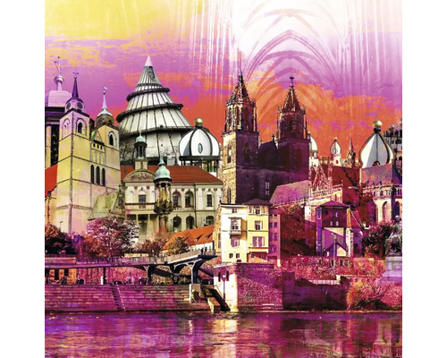 Illustration einer Stadtlandschaft mit verschiedenen Gebäuden und einem Fluss.