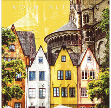Illustration der Kölner Altstadt mit bunten Häusern und Groß Sankt Martin