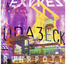 Collage mit Motiven aus dem Ruhrgebiet, darunter Industriebauten und Kirchtürme