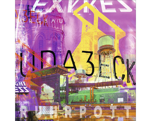 Collage mit Motiven aus dem Ruhrgebiet, darunter Industriebauten und Kirchtürme