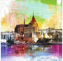 Gemälde einer Stadtlandschaft mit Kirche und Häusern am Wasser