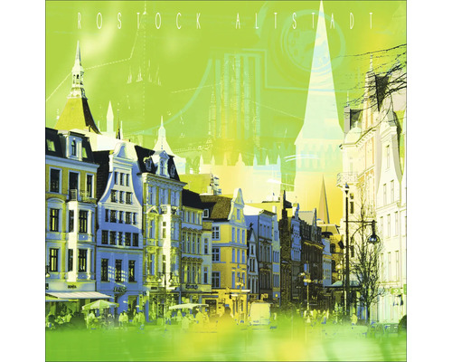 Illustration der Altstadt von Rostock mit Gebäuden und Kirchtürmen