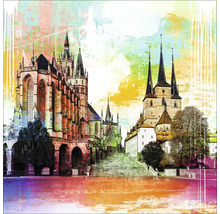 Illustration einer mittelalterlichen Stadtansicht mit Kirche und Treppe