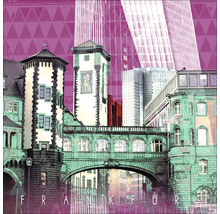 Ansicht der Frankfurter Altstadt mit Brücke vor dem Hintergrund von Hochhäusern