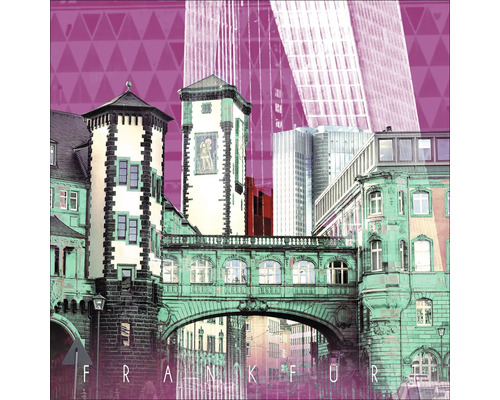 Ansicht der Frankfurter Altstadt mit Brücke vor dem Hintergrund von Hochhäusern