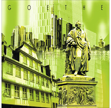 Illustration avec monument de Goethe, maisons traditionnelles et bâtiments modernes
