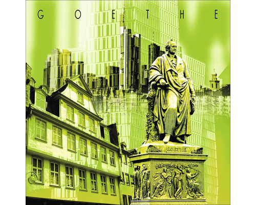 Illustration avec monument de Goethe, maisons traditionnelles et bâtiments modernes