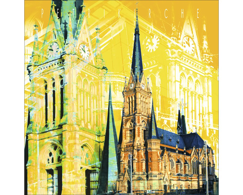 Abbildung einer Kirche mit Turm und Uhr