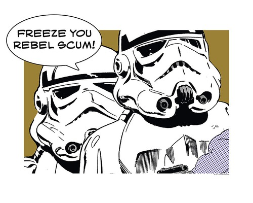 Illustration de deux Stormtroopers avec la citation : « Freeze you rebel scum ! »