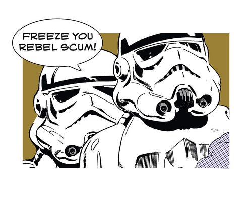 Illustration de deux Stormtroopers avec la bulle de dialogue ''Freeze you rebel scum !''