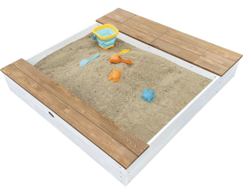 Sandkasten axi Evy mit Wasserbecken und Stauraum weiß braun Quadratischer Sandkasten aus Holz mit Sitzfläche und Spielzeug