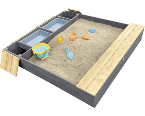 Sandkasten axi Evy mit Wasserbecken und Stauraum grau braun Sandkasten aus Holz mit Spielzeug und Behältern
