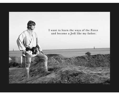 Photo en noir et blanc de Luke Skywalker avec la citation : Je veux apprendre les voies de la Force et devenir un Jedi comme mon père.