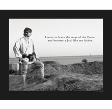 Affiche en noir et blanc avec Luke Skywalker et la citation : Je veux apprendre les voies de la Force et devenir un Jedi comme mon père.