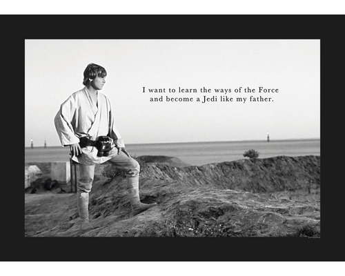 Photo en noir et blanc de Luke Skywalker avec la citation : Je veux apprendre les voies de la Force et devenir un Jedi comme mon père.