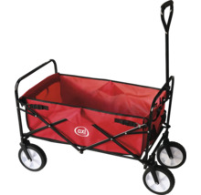 Bollerwagen mit rotem Stoffbezug und schwarzem Gestell