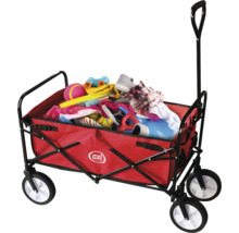 Roter Bollerwagen mit Spielzeug und Kleidung gefüllt