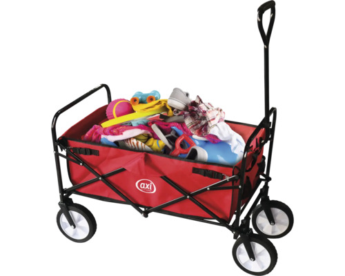 Chariot rouge rempli de jouets et de vêtements