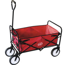 Bollerwagen mit roten Stoffwänden und schwarzem Rahmen