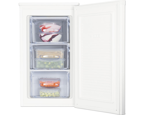 Gefrierschrank mit offenen Schubladen und Lebensmitteln