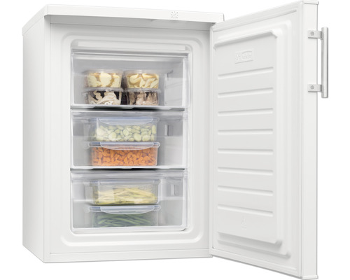 Congélateur avec porte ouverte et tiroirs transparents remplis de nourriture