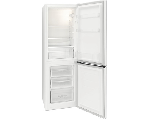 Geöffneter Kühlschrank mit Regalen und Schubladen zur Lebensmittelaufbewahrung