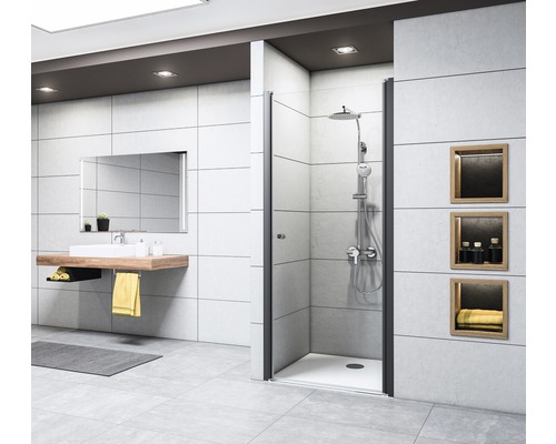 Porte pivotante pour niche Breuer Elana 6 75 cm butée à gauche, décor Lines, profilé couleur noir Porte pivotante pour niche Breuer Elana 6 75 cm butée à gauche, décor Lines, profilé couleur noir